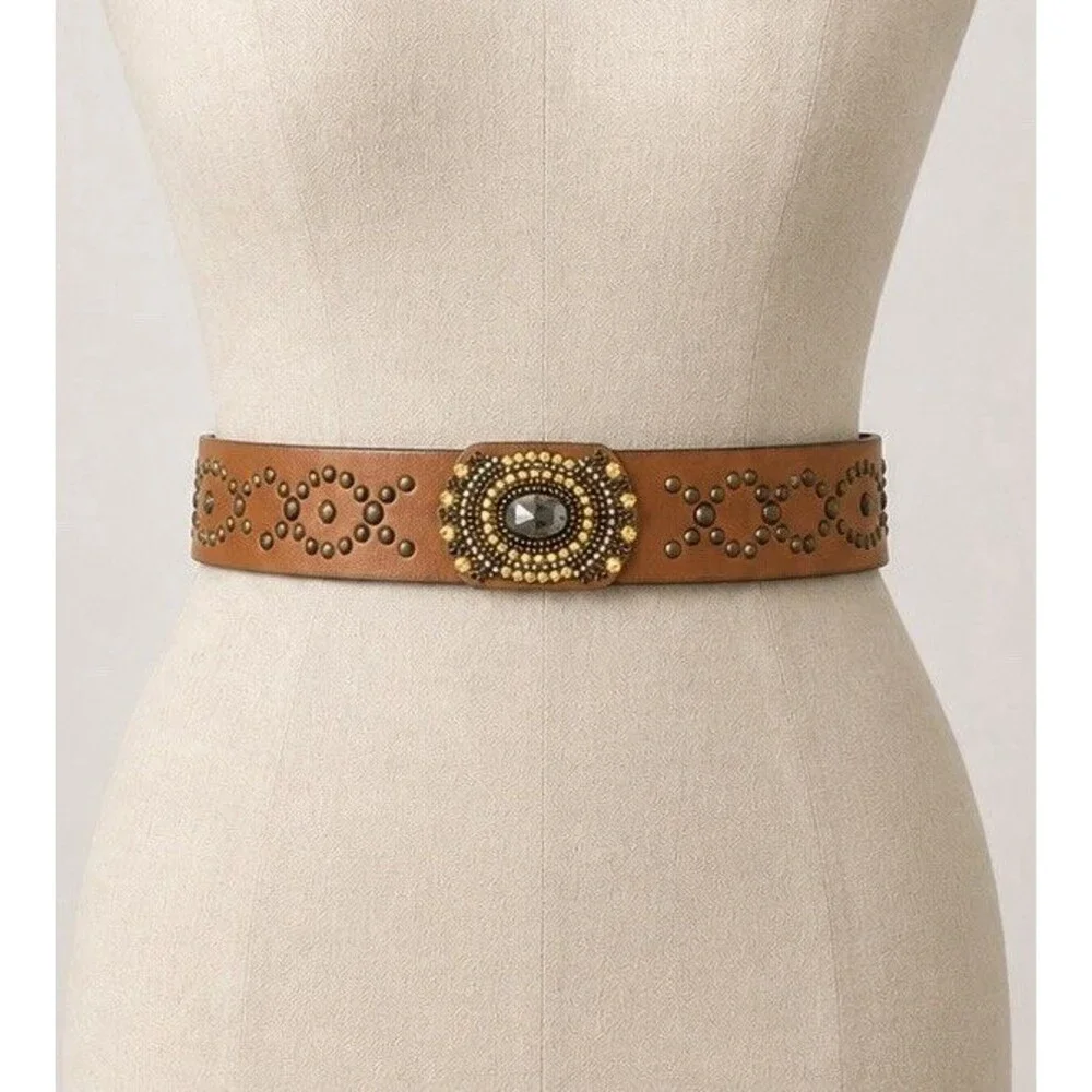 Boho Western Genuine Leather Studded Beaded Jeweled Statement Belt L XL